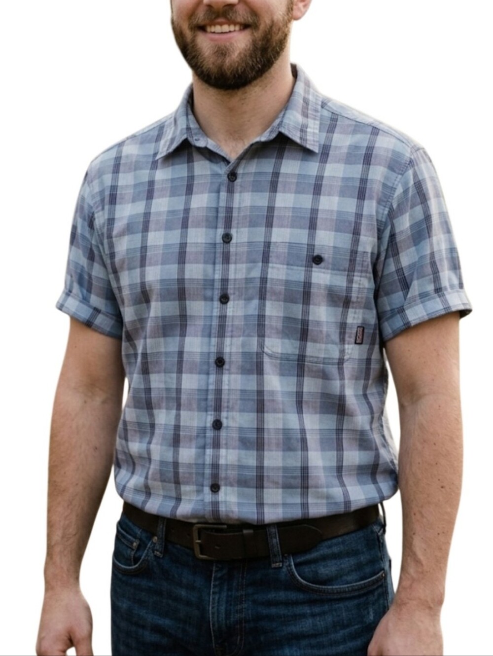 Patagonia Short Sleeve Plaid Button Up Shirt Men's Size M Blue Gray AC Utility